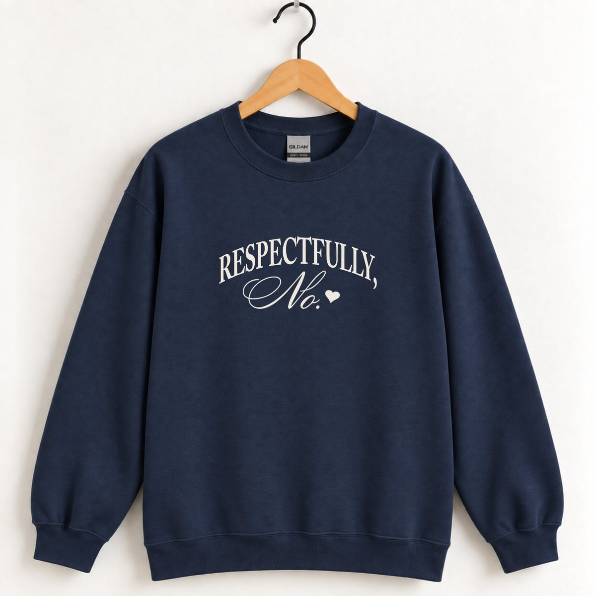 Respectfully, No crewneck sweatshirt in Navy on a wooden hanger