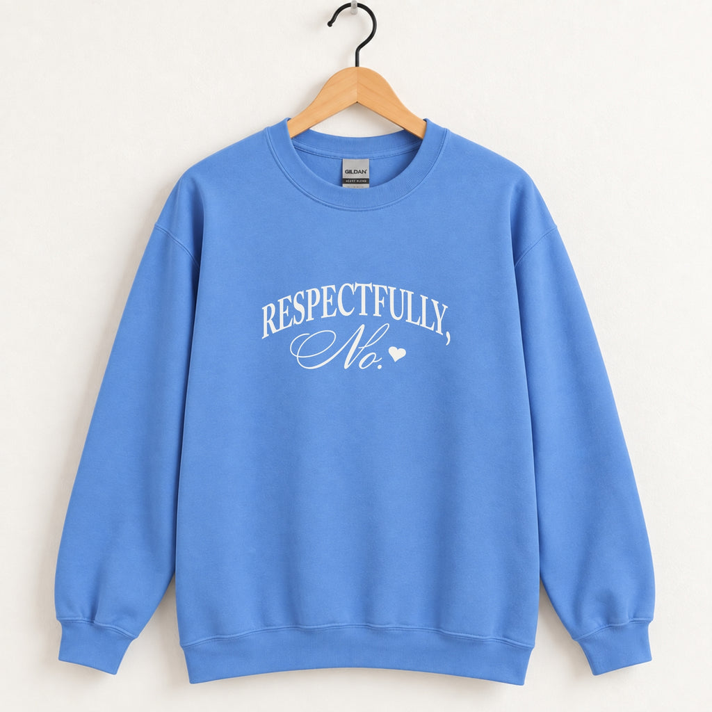 Respectfully, No crewneck sweatshirt in Carolina Blue on a wooden hanger