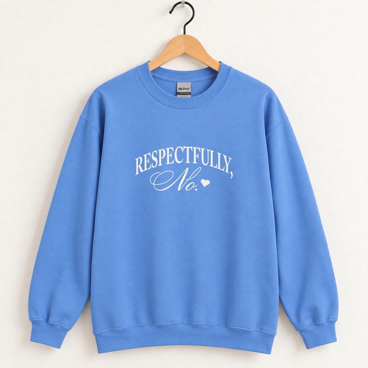 Respectfully, No crewneck sweatshirt in Carolina Blue on a wooden hanger