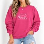 Woman wearing the I Know Better, I Simply Chose Otherwise crewneck in Heliconia pink
