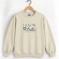I Know Better, I Simply Chose Otherwise crewneck sweatshirt in Sand on a wooden hanger, navy chest print