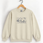 I Know Better, I Simply Chose Otherwise crewneck sweatshirt in Sand on a wooden hanger, navy chest print