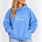 Woman wearing the I Know Better, I Simply Chose Otherwise hoodie in Carolina Blue