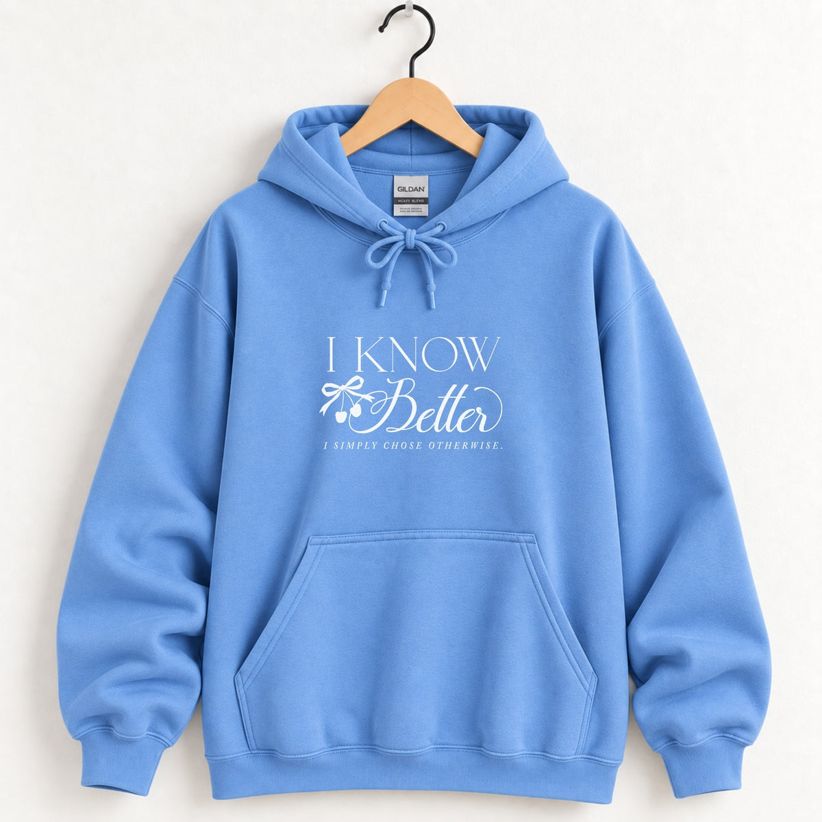 I Know Better, I Simply Chose Otherwise hoodie in Carolina Blue on a wooden hanger
