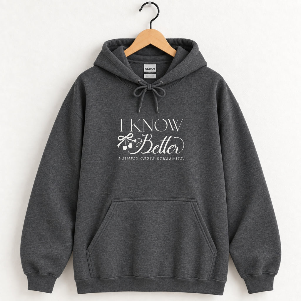 I Know Better, I Simply Chose Otherwise hoodie in Dark Heather on a wooden hanger