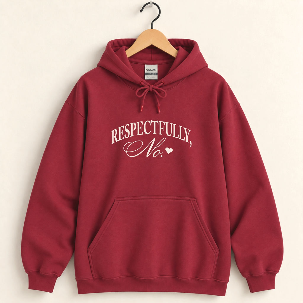 Respectfully, No hoodie in Cardinal Red on a wooden hanger