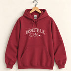Respectfully, No hoodie in Cardinal Red on a wooden hanger