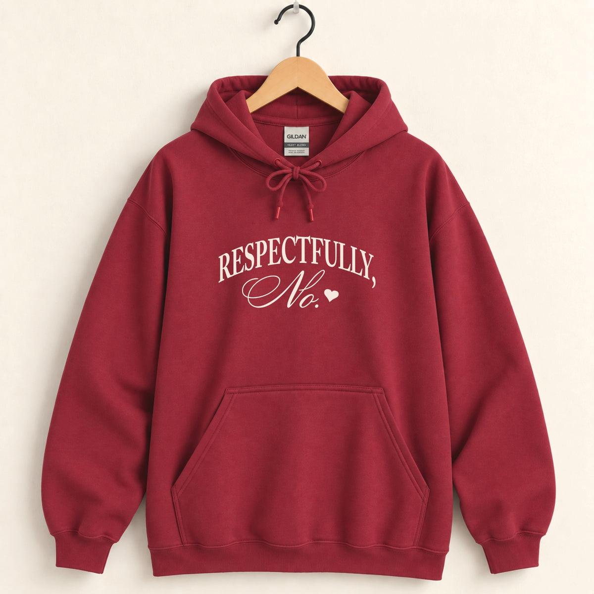Respectfully, No hoodie in Cardinal Red on a wooden hanger