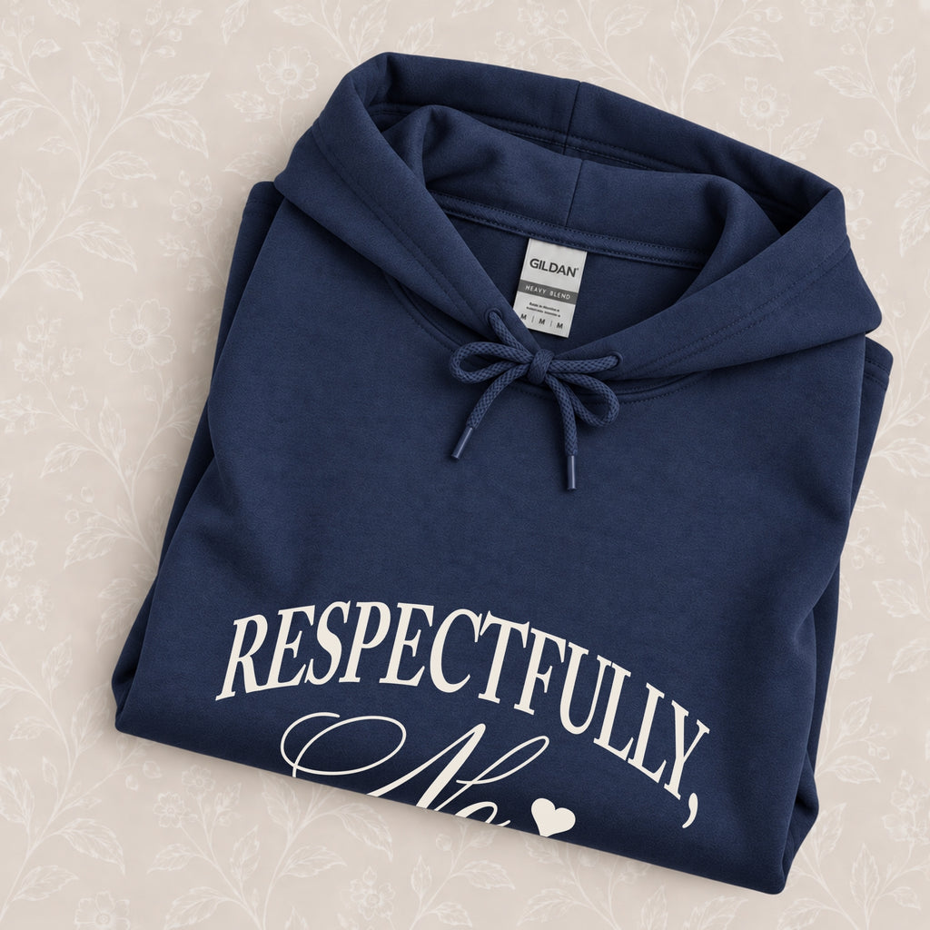 Respectfully, No hoodie in Navy folded on a cream floral surface, chest design close up