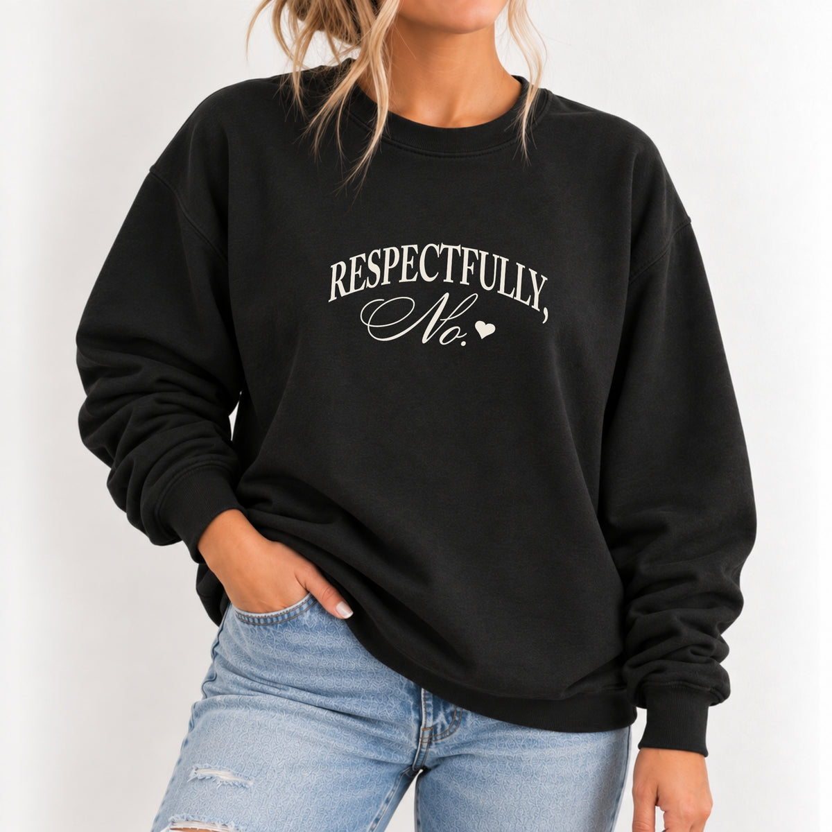 Woman wearing the Respectfully, No crewneck sweatshirt in Black with jeans