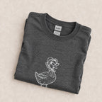 Duck Off crewneck in Dark Heather folded on a cream floral surface, close up of the white duck in a bonnet