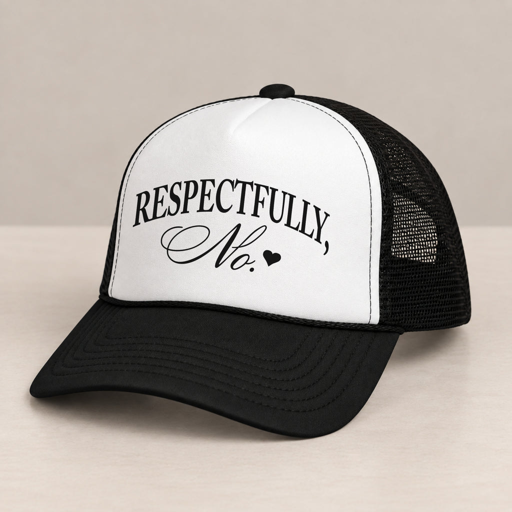 Respectfully, No trucker hat in Black on a table, angled view showing the mesh back and curved bill