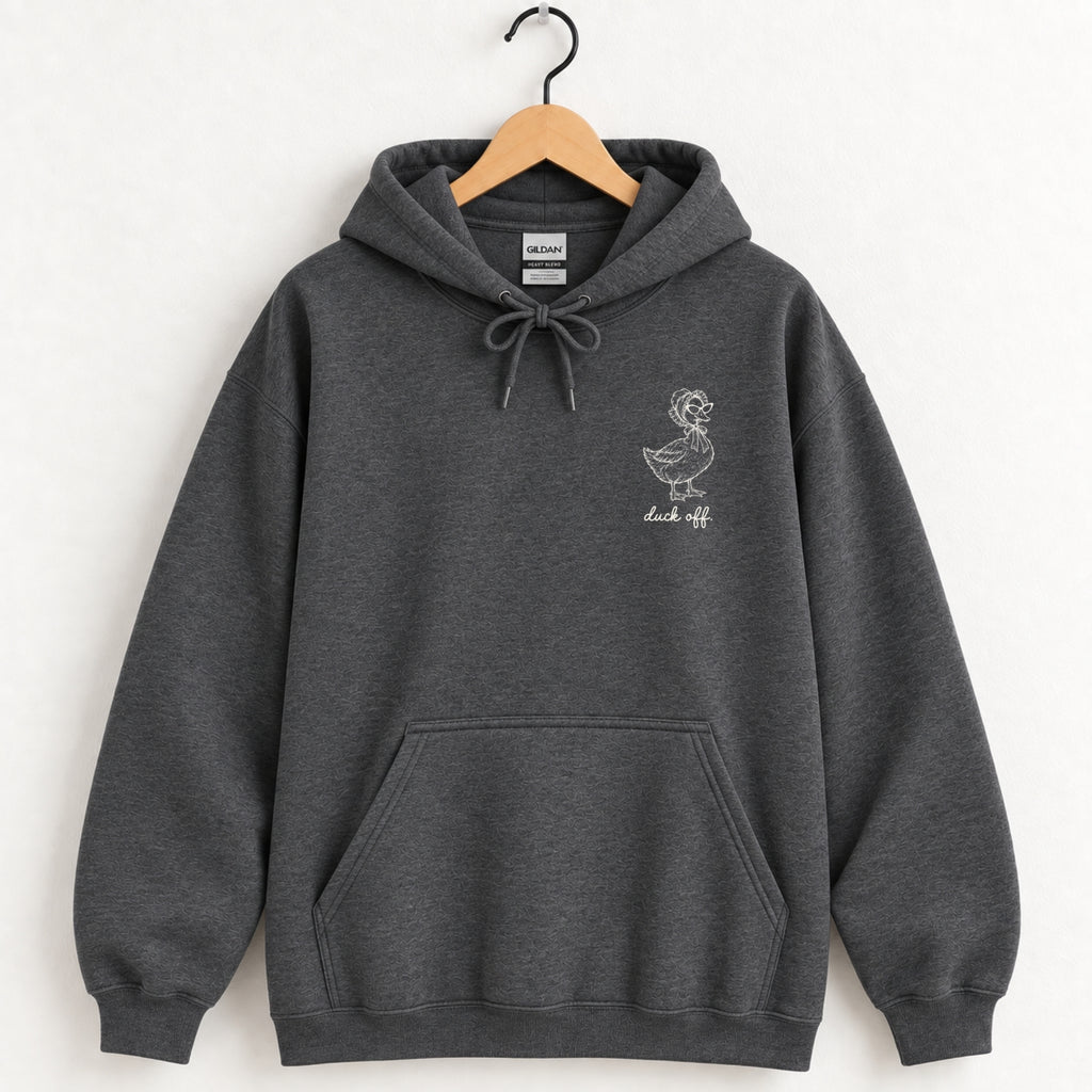 Duck Off hoodie in Dark Heather on a wooden hanger, small white duck on the left chest