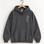 Duck Off hoodie in Dark Heather on a wooden hanger, small white duck on the left chest