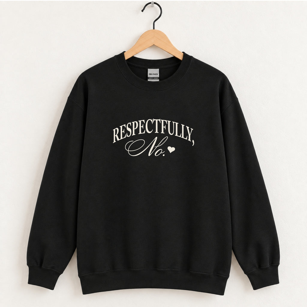 Respectfully, No crewneck sweatshirt in Black on a wooden hanger