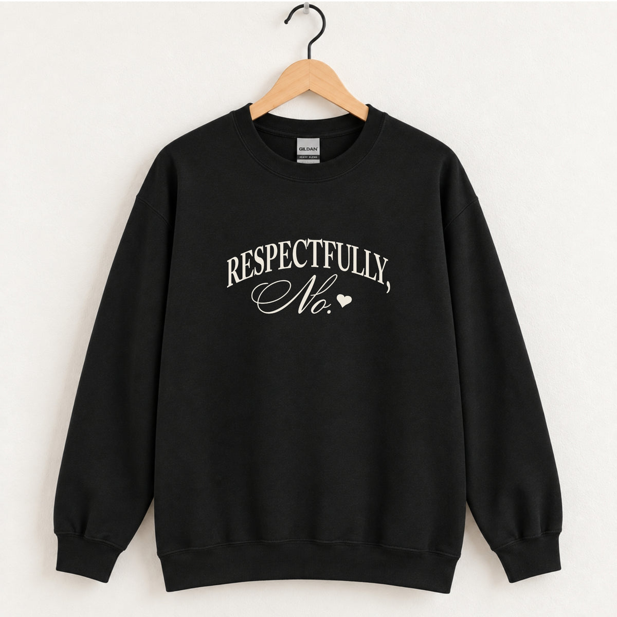 Respectfully, No crewneck sweatshirt in Black on a wooden hanger