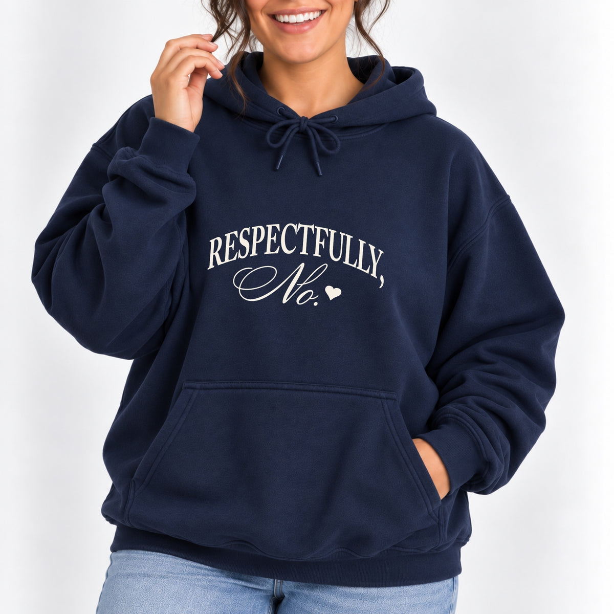 Woman wearing the Respectfully, No hoodie in Navy with jeans