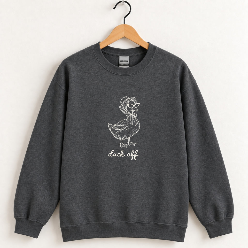 Duck Off crewneck sweatshirt in Dark Heather on a wooden hanger, white duck design center chest