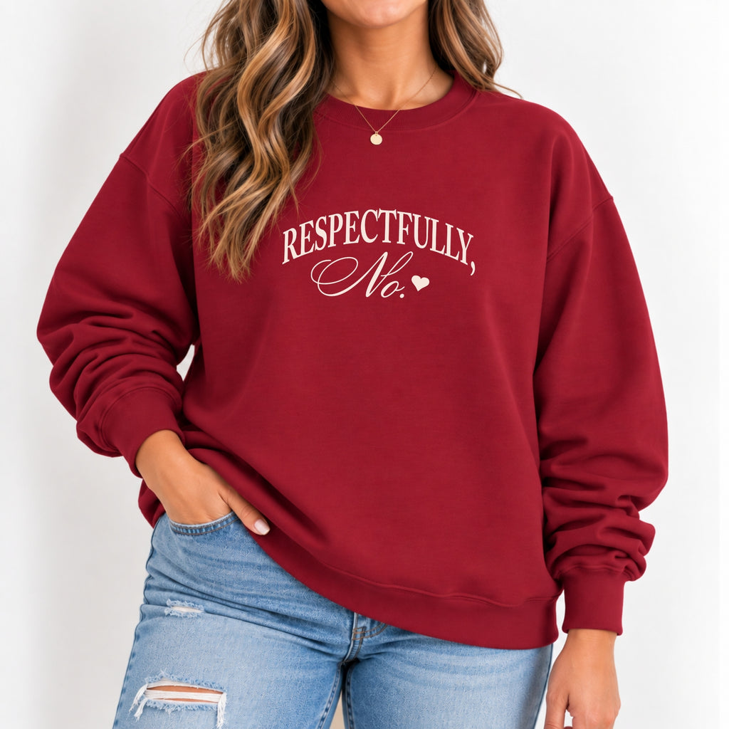 Woman wearing the Respectfully, No crewneck sweatshirt in Cardinal Red with jeans