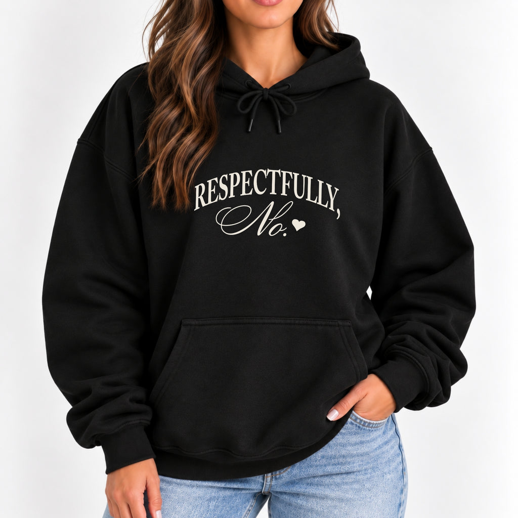 Woman wearing the Respectfully, No hoodie in Black with jeans