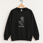 Duck Off crewneck sweatshirt in Black on a wooden hanger, white duck design center chest