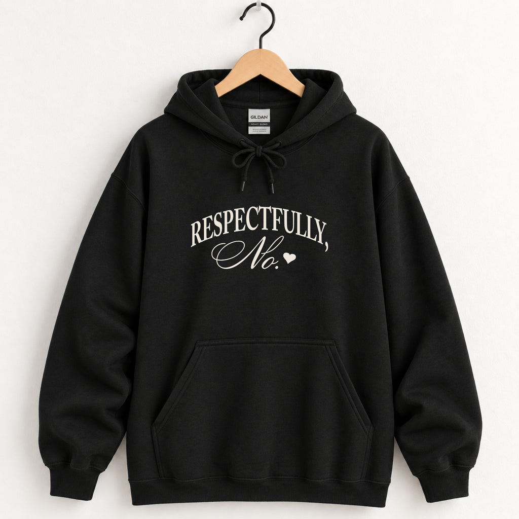 Respectfully, No hoodie in Black on a wooden hanger