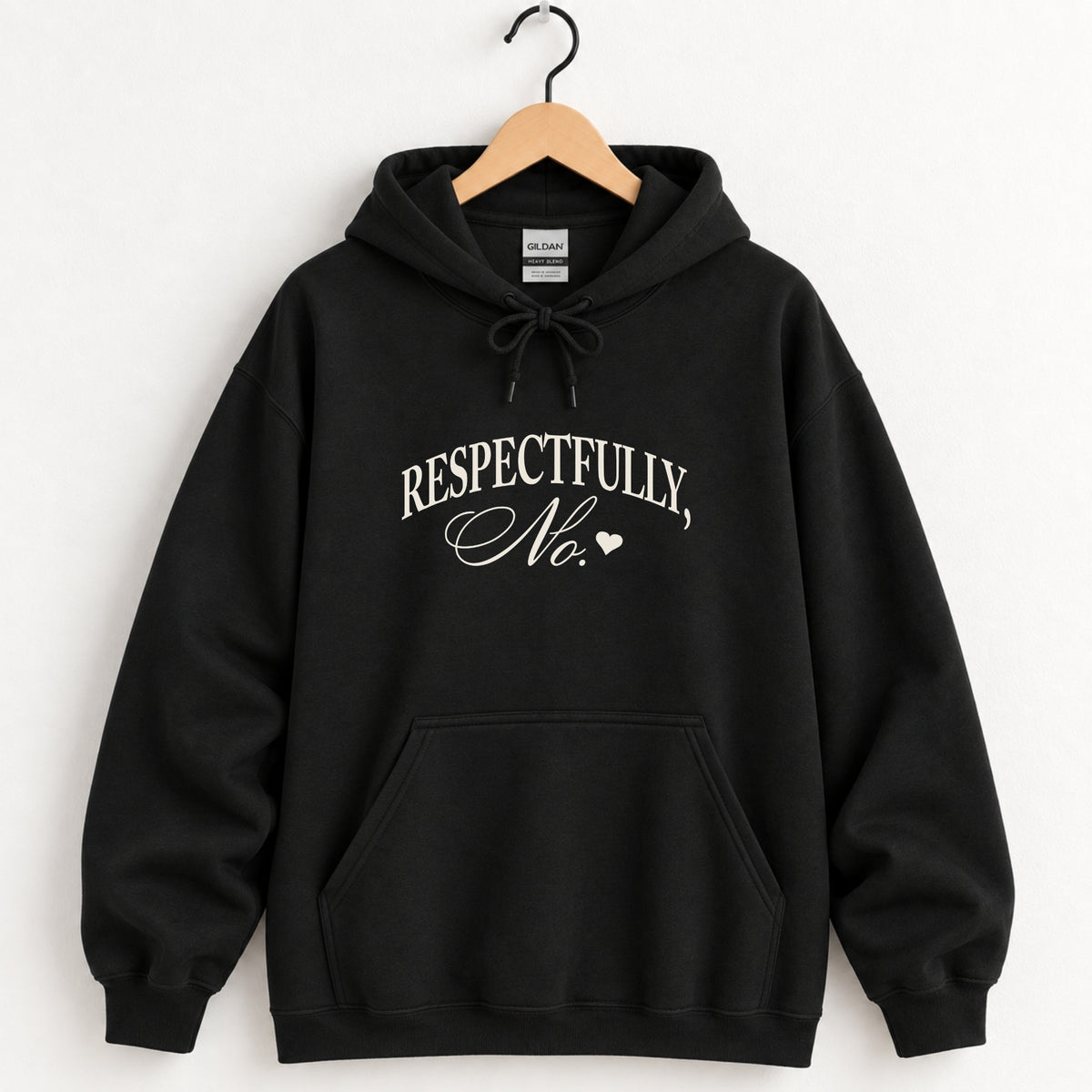 Respectfully, No hoodie in Black on a wooden hanger