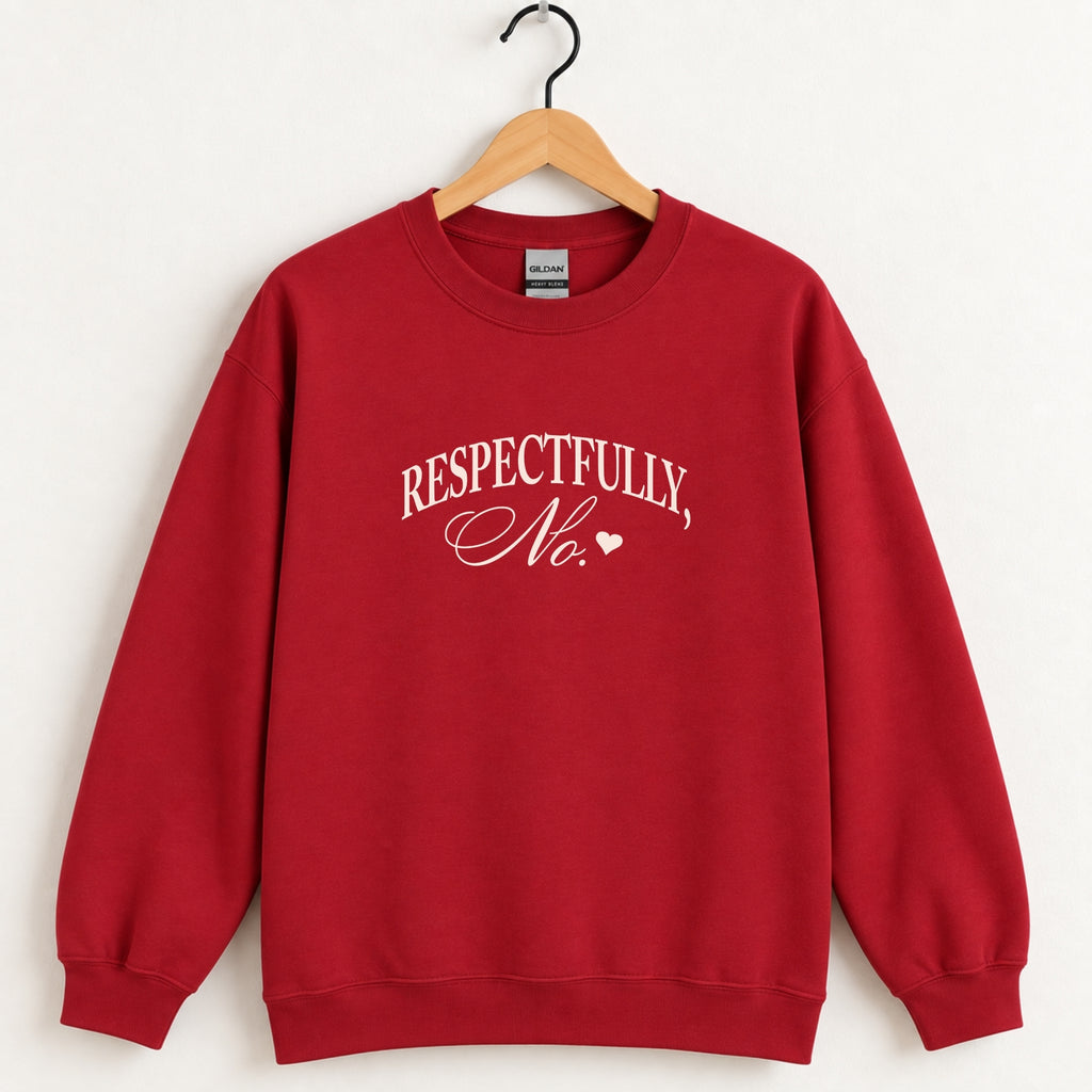 Respectfully, No crewneck sweatshirt in Cardinal Red on a wooden hanger