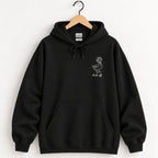 Duck Off hoodie in Black on a wooden hanger, small white duck on the left chest