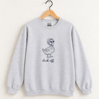 Duck Off crewneck sweatshirt in Ash on a wooden hanger, navy duck design center chest