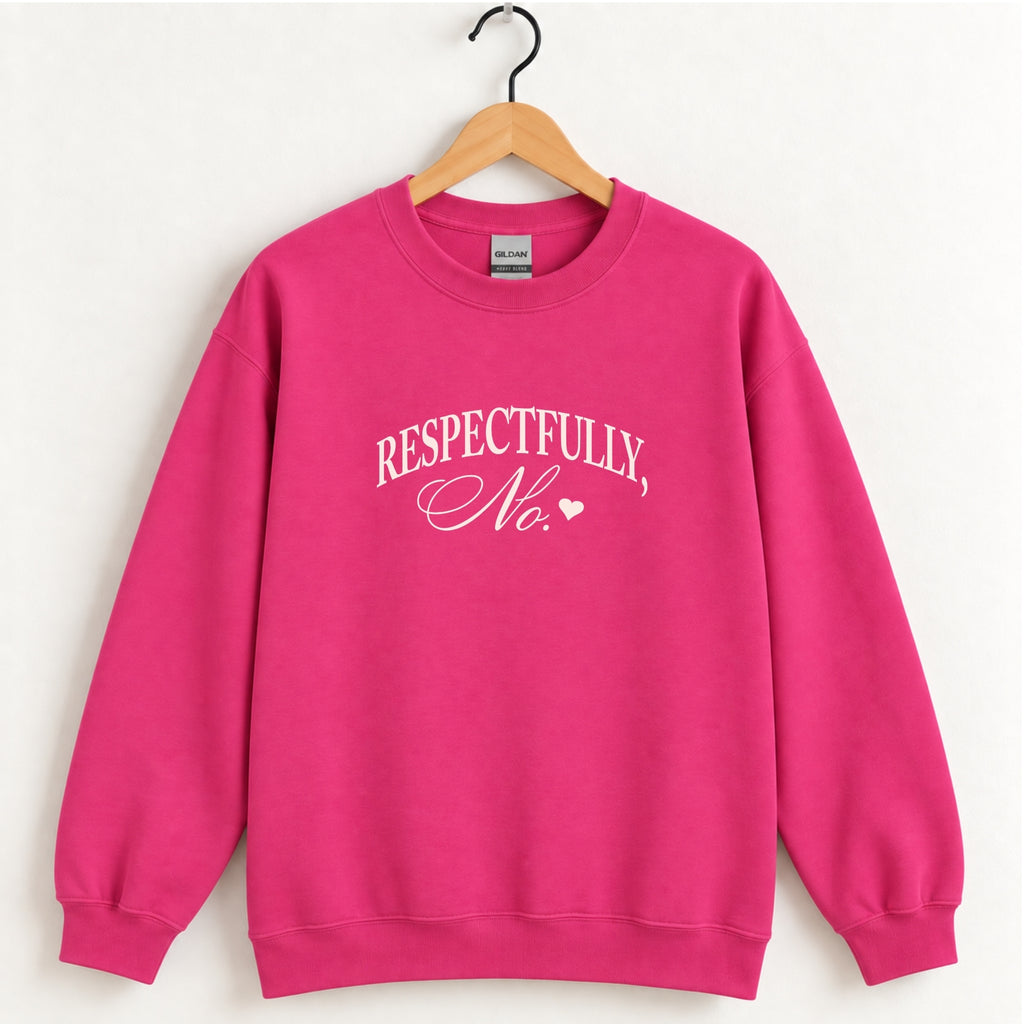 Respectfully, No crewneck sweatshirt in Heliconia pink on a wooden hanger