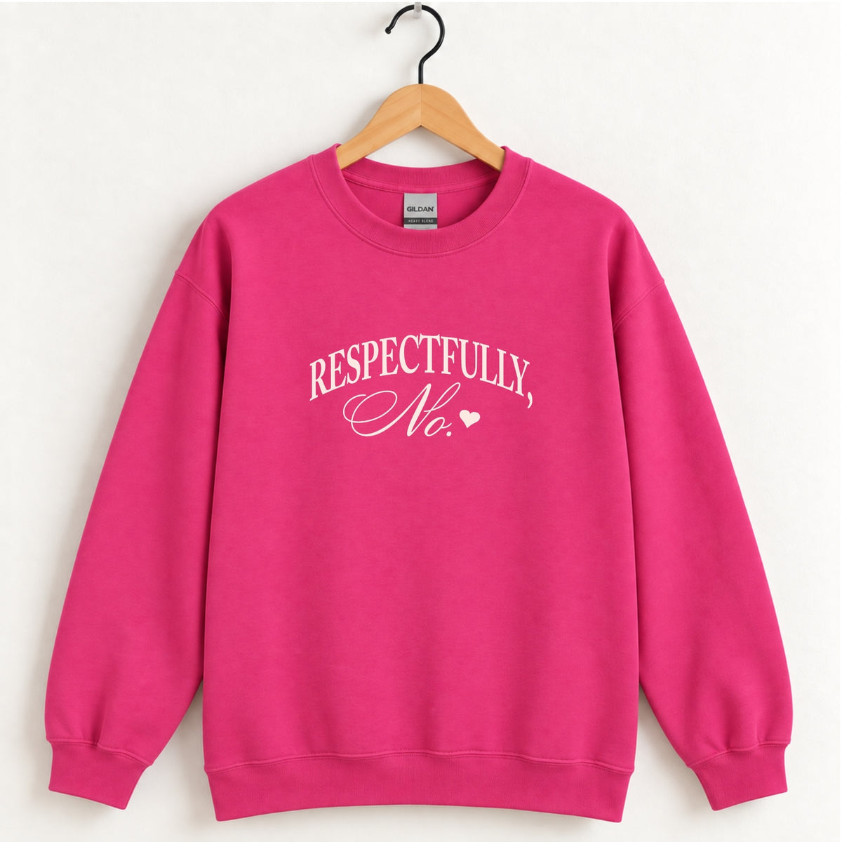 Respectfully, No crewneck sweatshirt in Heliconia pink on a wooden hanger