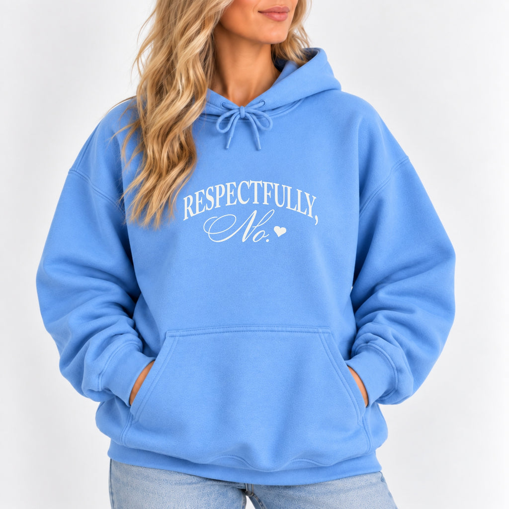 Woman wearing the Respectfully, No hoodie in Carolina Blue with jeans