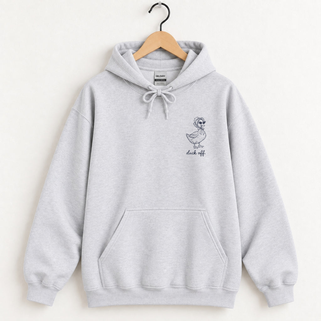 Duck Off hoodie in Ash on a wooden hanger, small navy duck in a bonnet on the left chest