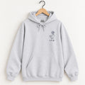 Duck Off hoodie in Ash on a wooden hanger, small navy duck in a bonnet on the left chest
