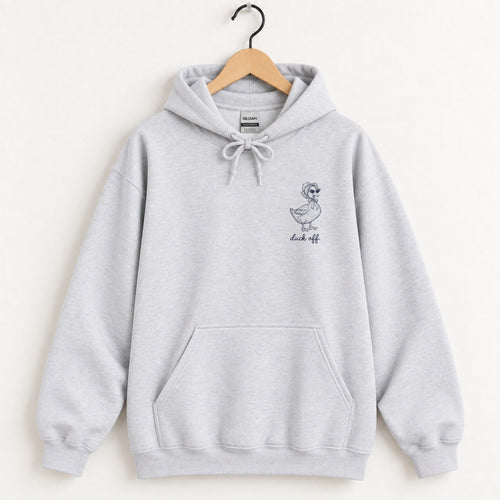 Duck Off hoodie in Ash on a wooden hanger, small navy duck in a bonnet on the left chest