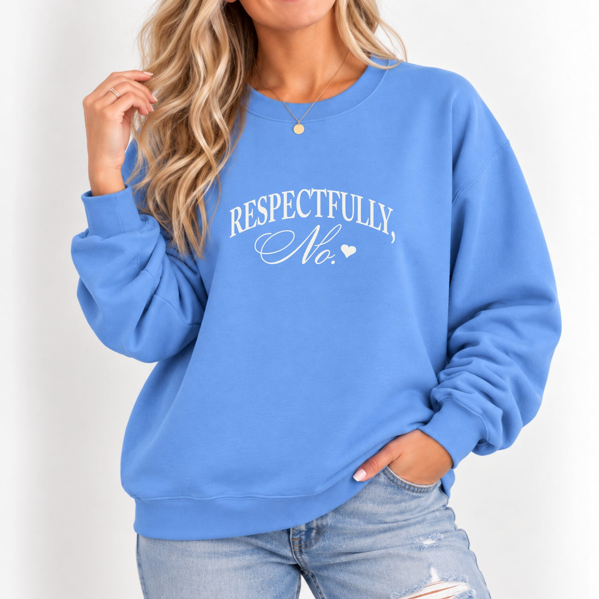 Woman wearing the Respectfully, No crewneck sweatshirt in Carolina Blue with jeans