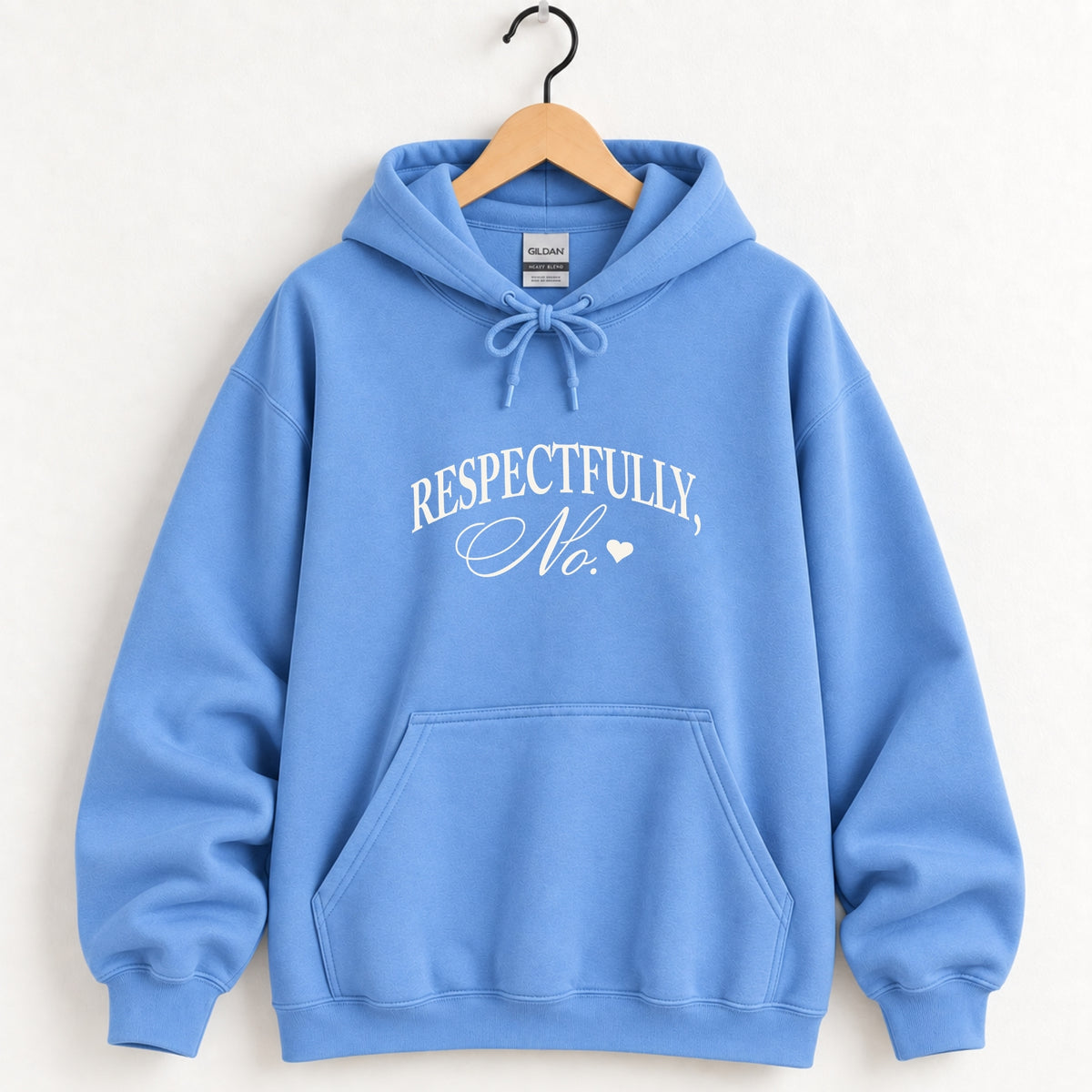 Respectfully, No hoodie in Carolina Blue on a wooden hanger