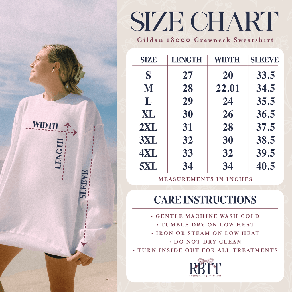 Size chart for the Gildan 18000 crewneck sweatshirt, sizes S to 5XL with length, width and sleeve in inches, plus care instructions