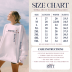 Size chart for the Gildan 18000 crewneck sweatshirt, sizes S to 5XL with length, width and sleeve in inches, plus care instructions
