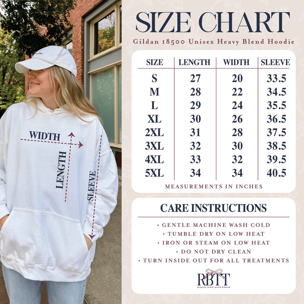 Size chart for the Gildan 18500 unisex heavy blend hoodie, sizes S to 5XL with length, width and sleeve in inches