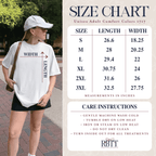 Size chart for the Comfort Colors 1717 unisex tee, sizes S to 3XL with length and width in inches, plus care instructions