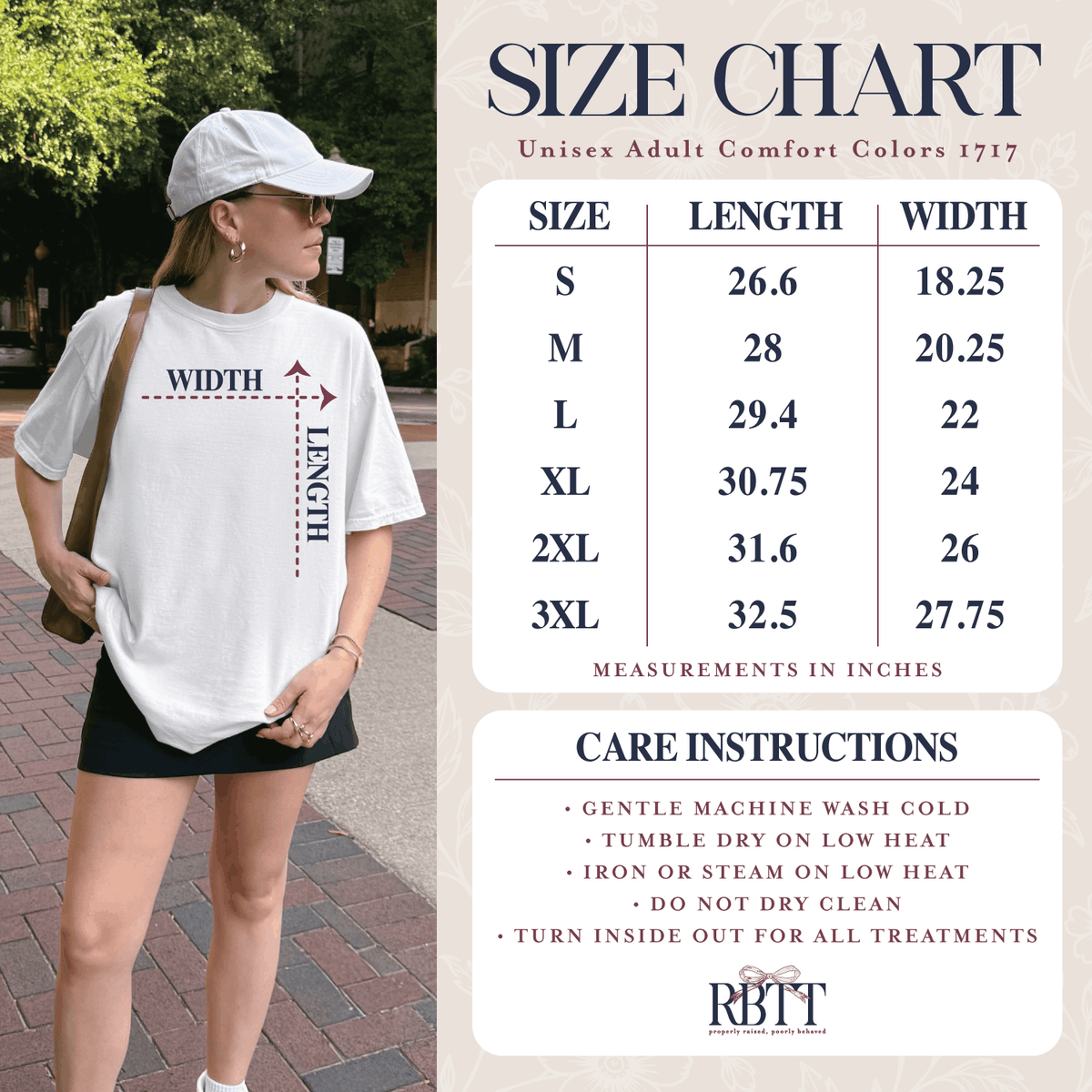 Size chart for the Comfort Colors 1717 unisex tee, sizes S to 3XL with length and width in inches, plus care instructions