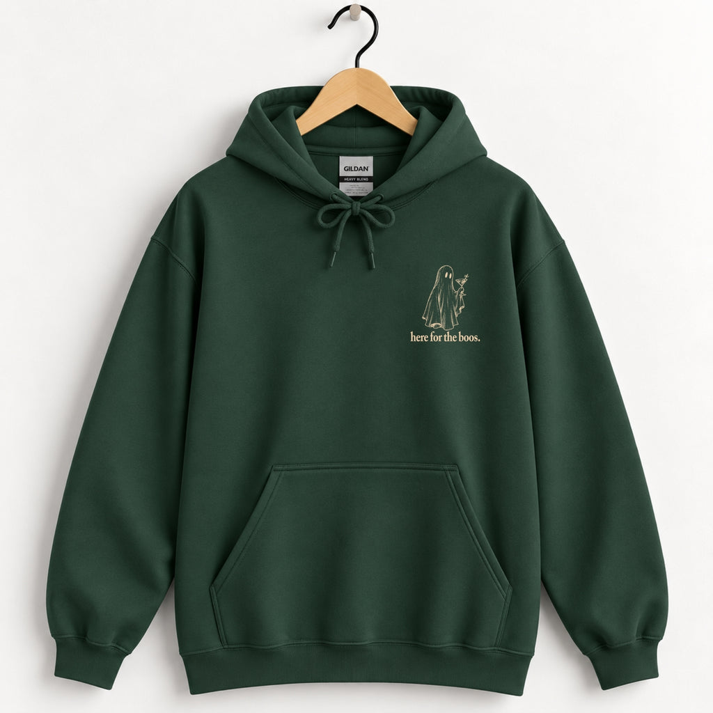 Here for the Boos hoodie in Forest Green on a wooden hanger