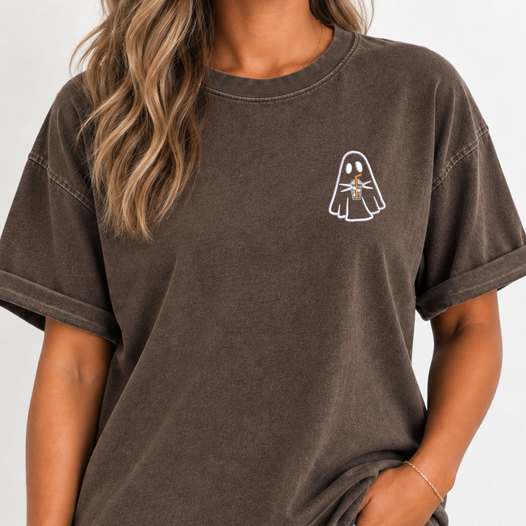 Ghost with a drink embroidered tee in Espresso on a wooden hanger