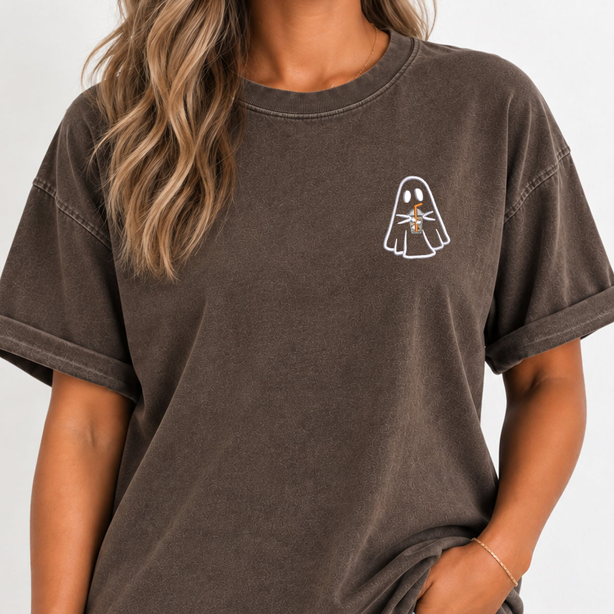 Ghost with a drink embroidered tee in Espresso on a wooden hanger
