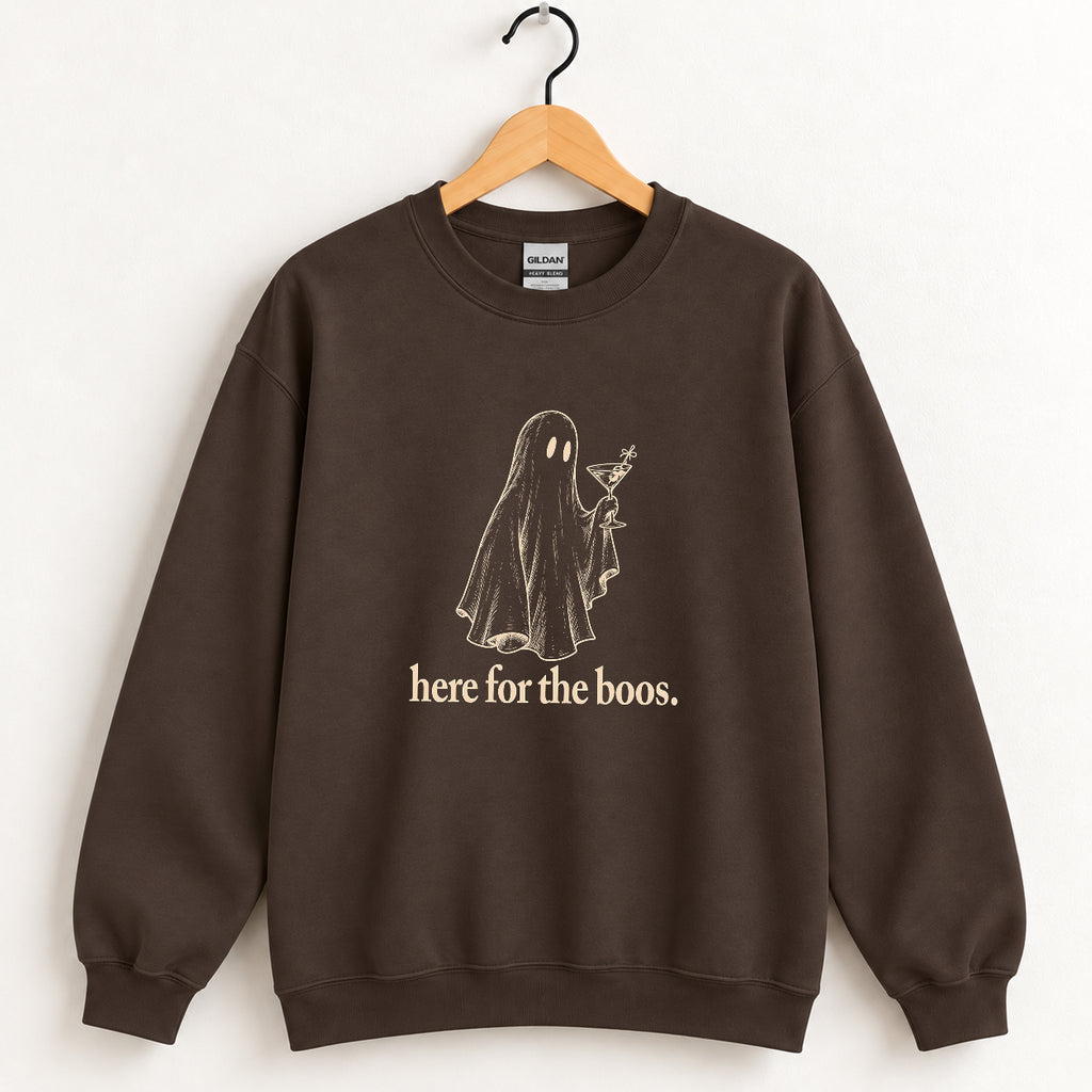 Here for the Boos crewneck sweatshirt in Dark Chocolate on a wooden hanger
