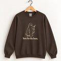 Here for the Boos crewneck sweatshirt in Dark Chocolate on a wooden hanger