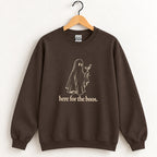 Here for the Boos crewneck sweatshirt in Dark Chocolate on a wooden hanger