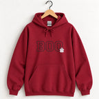 Boo embroidered hoodie in Cardinal Red on a wooden hanger